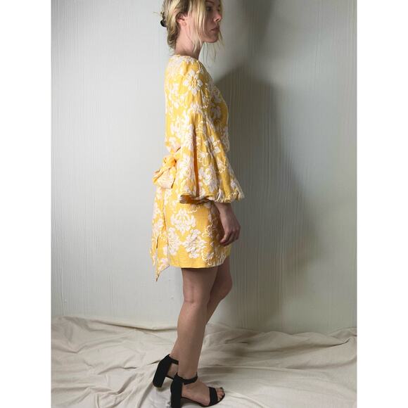 MESTIZA NY Cadiz Canary Yellow Jacquard Bell Puff Sleeve Wrap Mini Dress XSMALL - Picture 4 of 12